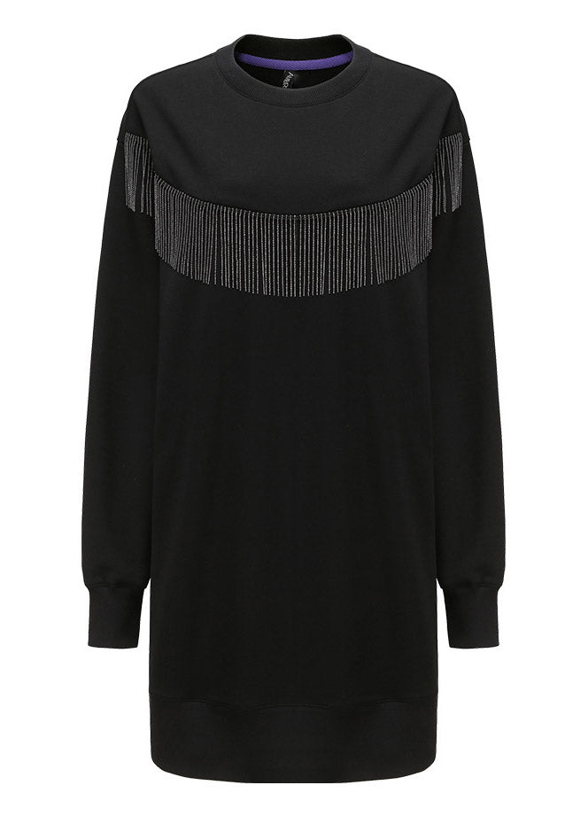 Unique Black O-neck Tassel Sequins Cotton Mid Dresses Long Sleeve