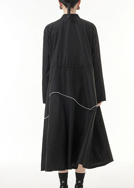 Unique Black Drawstring Zippered Stand Collar Dress Spring