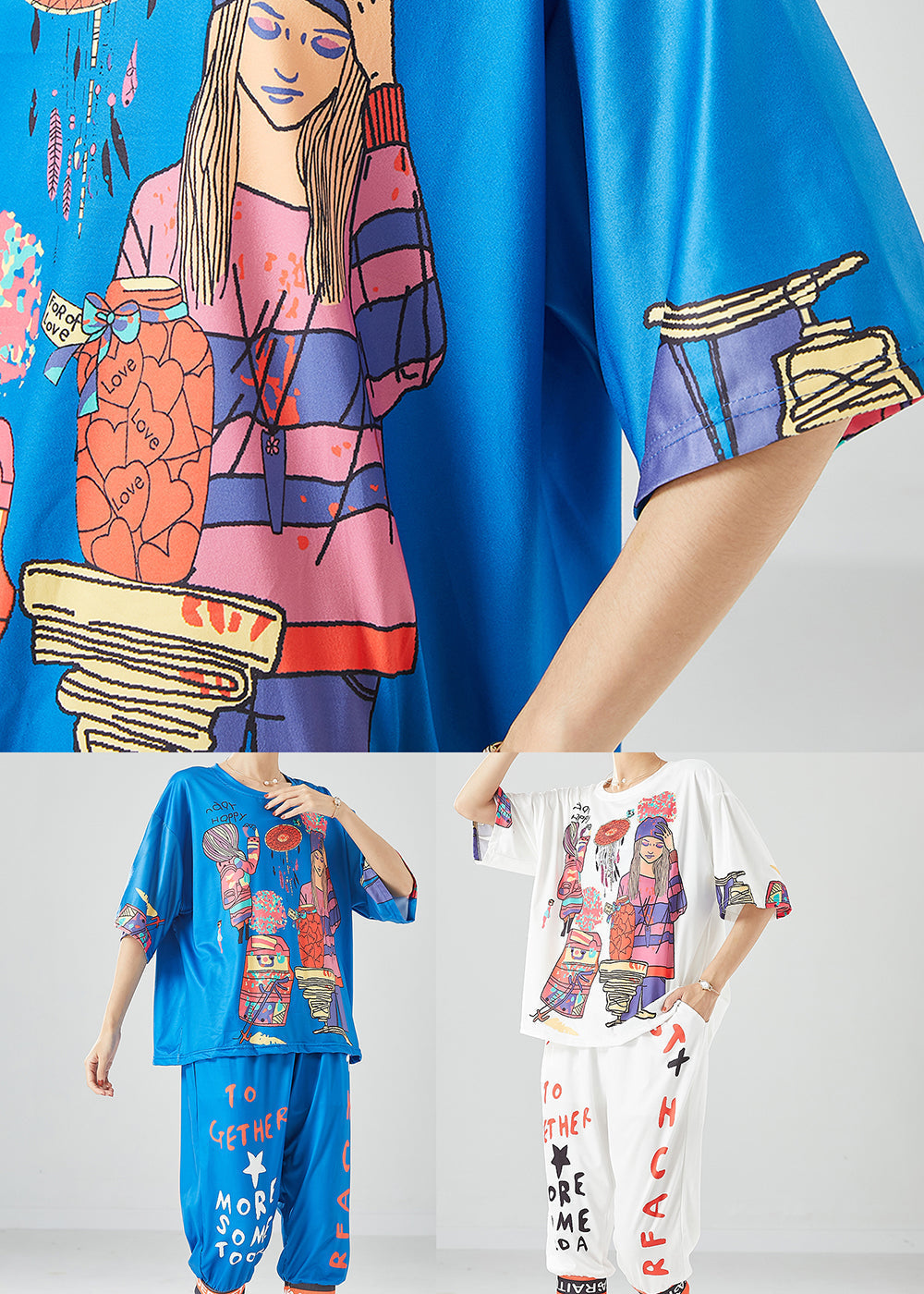 Unique Blue Oversized Print Silk Tops and Pants Two Pieces Set Summer