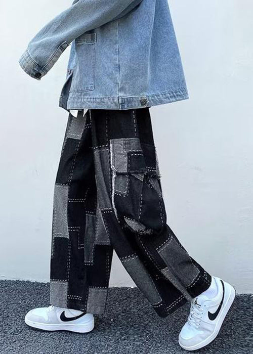 Unique Blue Plaid Pockets Patchwork Denim Wide Leg Pants Spring