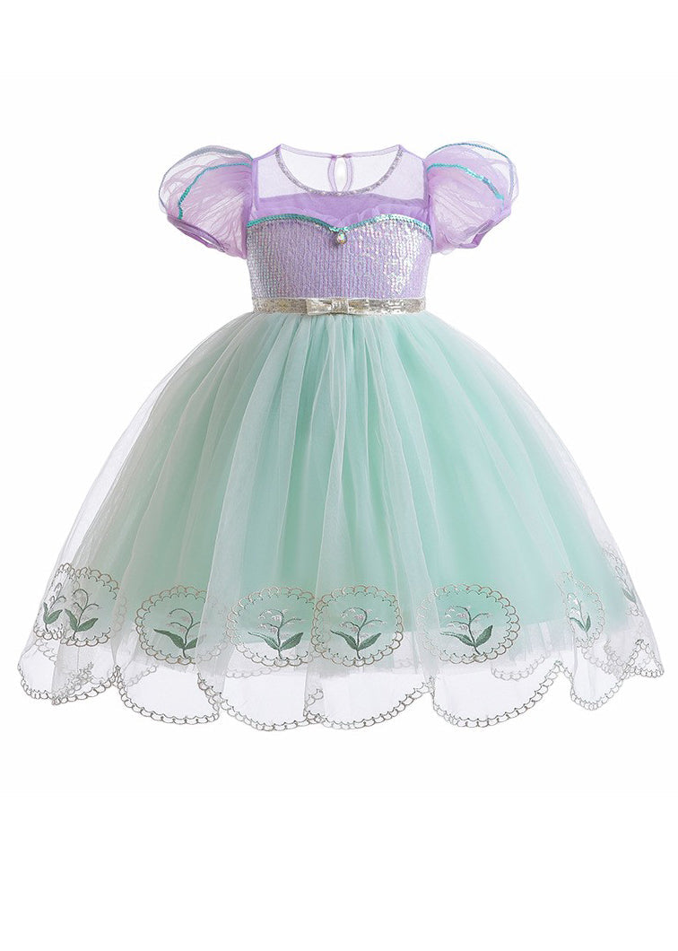 Unique Colorblock Embroideried Patchwork Tulle Kids Long Dresses Summer