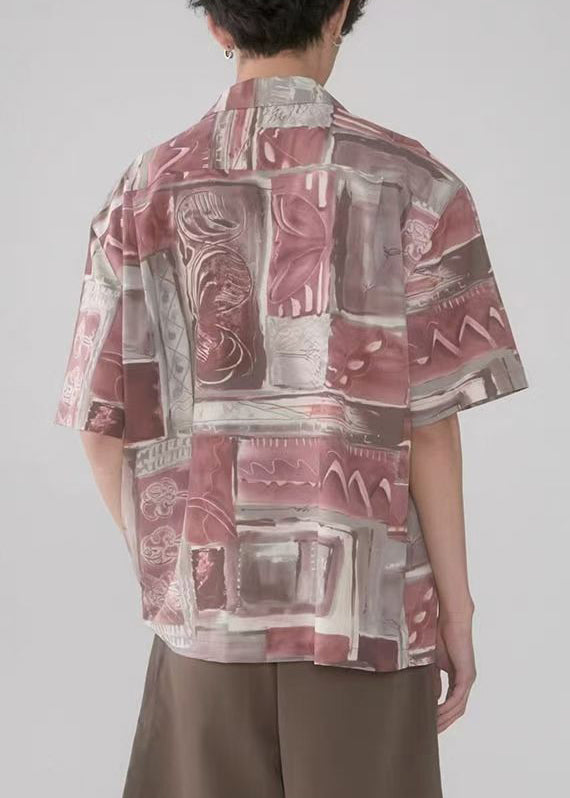 Unique Colorblock Peter Pan Collar Print Cotton Shirts Summer