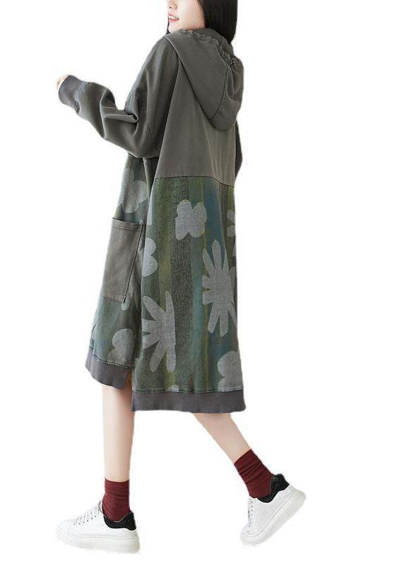 Unique Grey Hooded Pockets Patchwork Print Fall Sweatshirt Dress