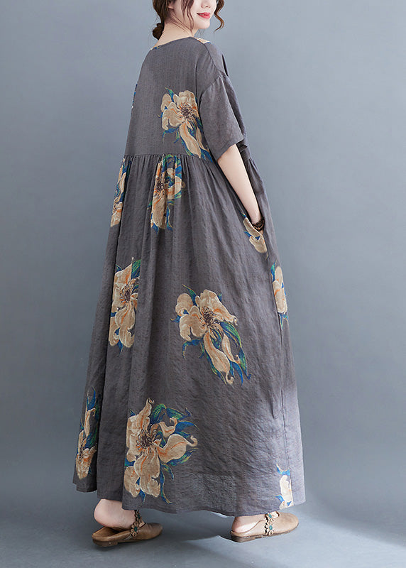 Unique Grey O-neck Print Patchwork Robe Dresses Summer