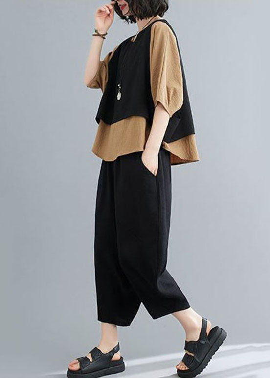 Unique Khaki O-neck Patchwork Cotton Tops and Pants Pieces Set Summer