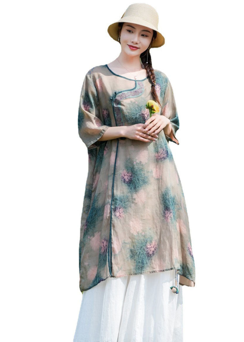 Unique Khaki O-neck Print Patchwork Linen Mid Dresses Summer