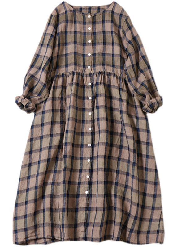 Unique Khaki Plaid Patchwork Pockets Button Fall Long Sleeve Dresses
