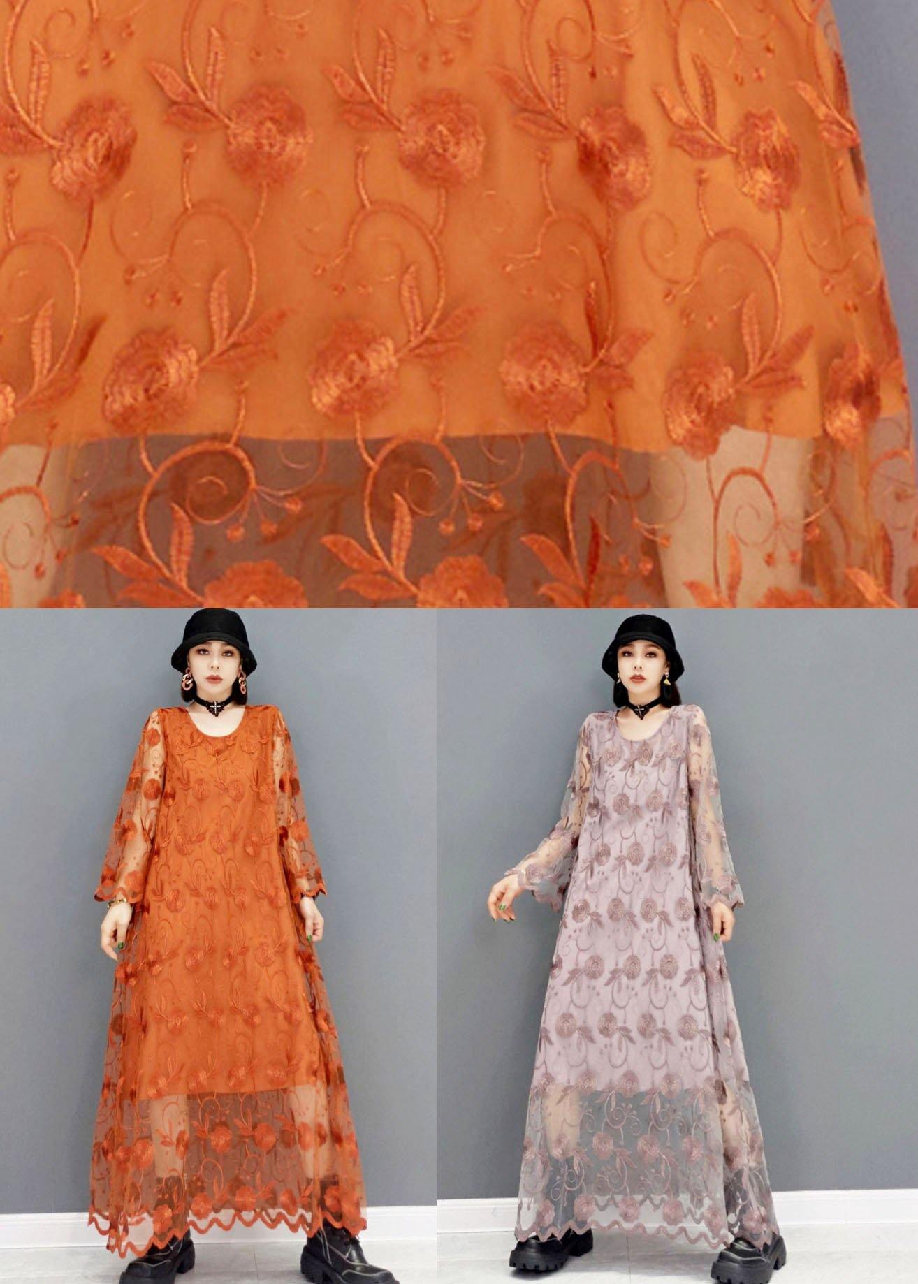 Unique Khaki Tulle Embroideried Fall Long Sleeve Long Dress