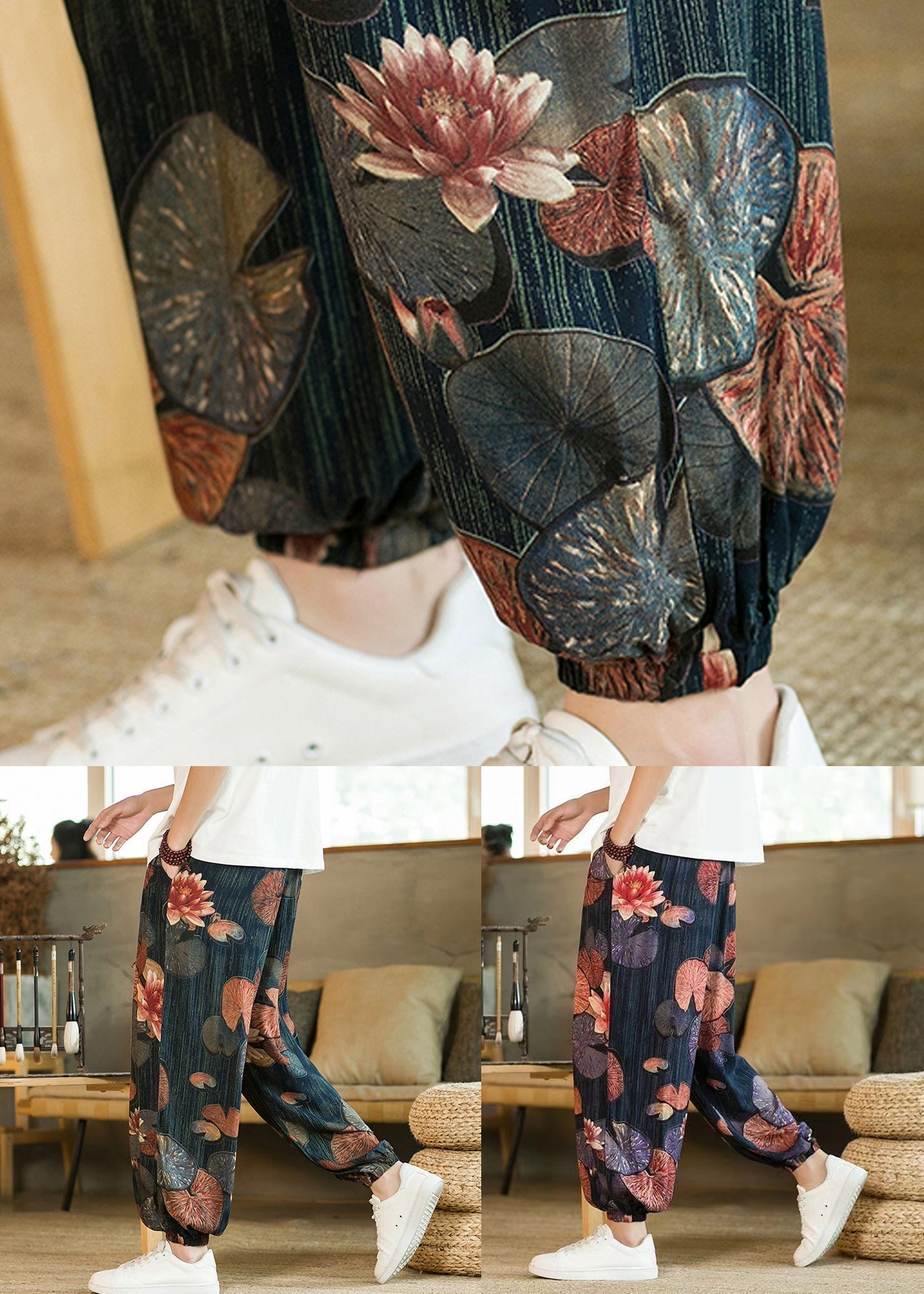 Unique Navy Pockets Lace Up Elastic Waist Cotton Pants Summer