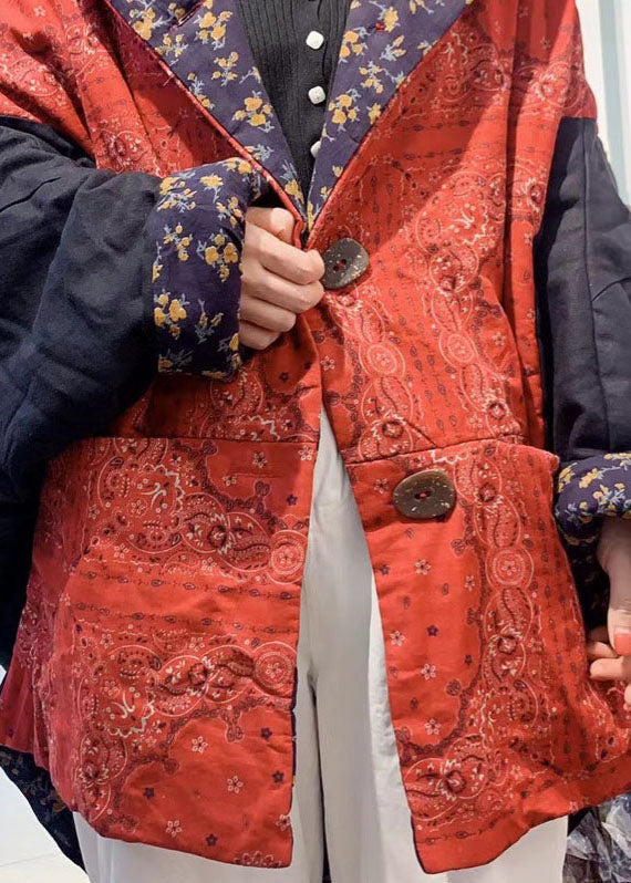 Unique Orange Loose Bat Wing Sleeve Patchwork Winter Cotton Coat