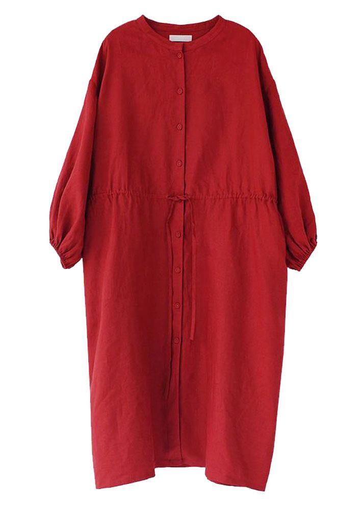 Unique Red Lantern Sleeve Tie Waist Button Summer Ramie Vacation Dresses Half Sleeve
