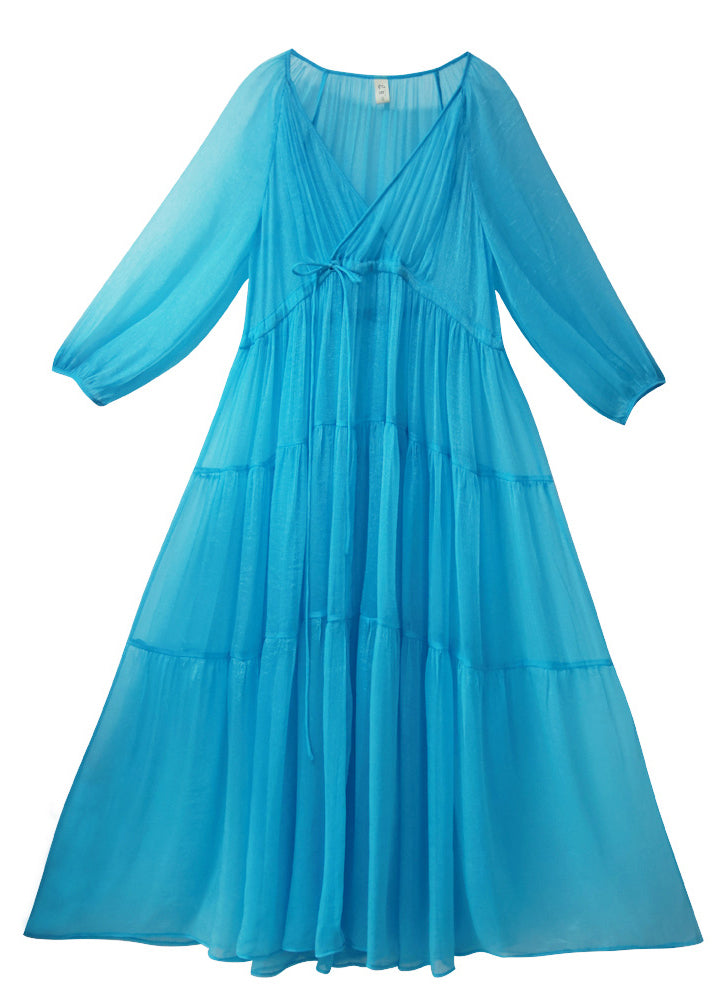 Unique Water Blue Patchwork Wrinkled Chiffon Maxi Dresses Long Sleeve