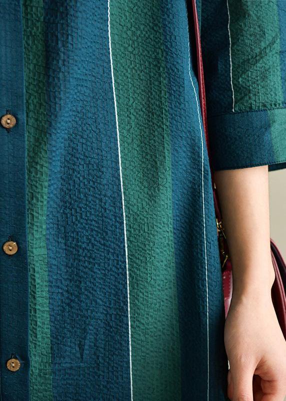 Unique Blue Green Striped Cotton Dresses Lapel Side Open Summer Dress