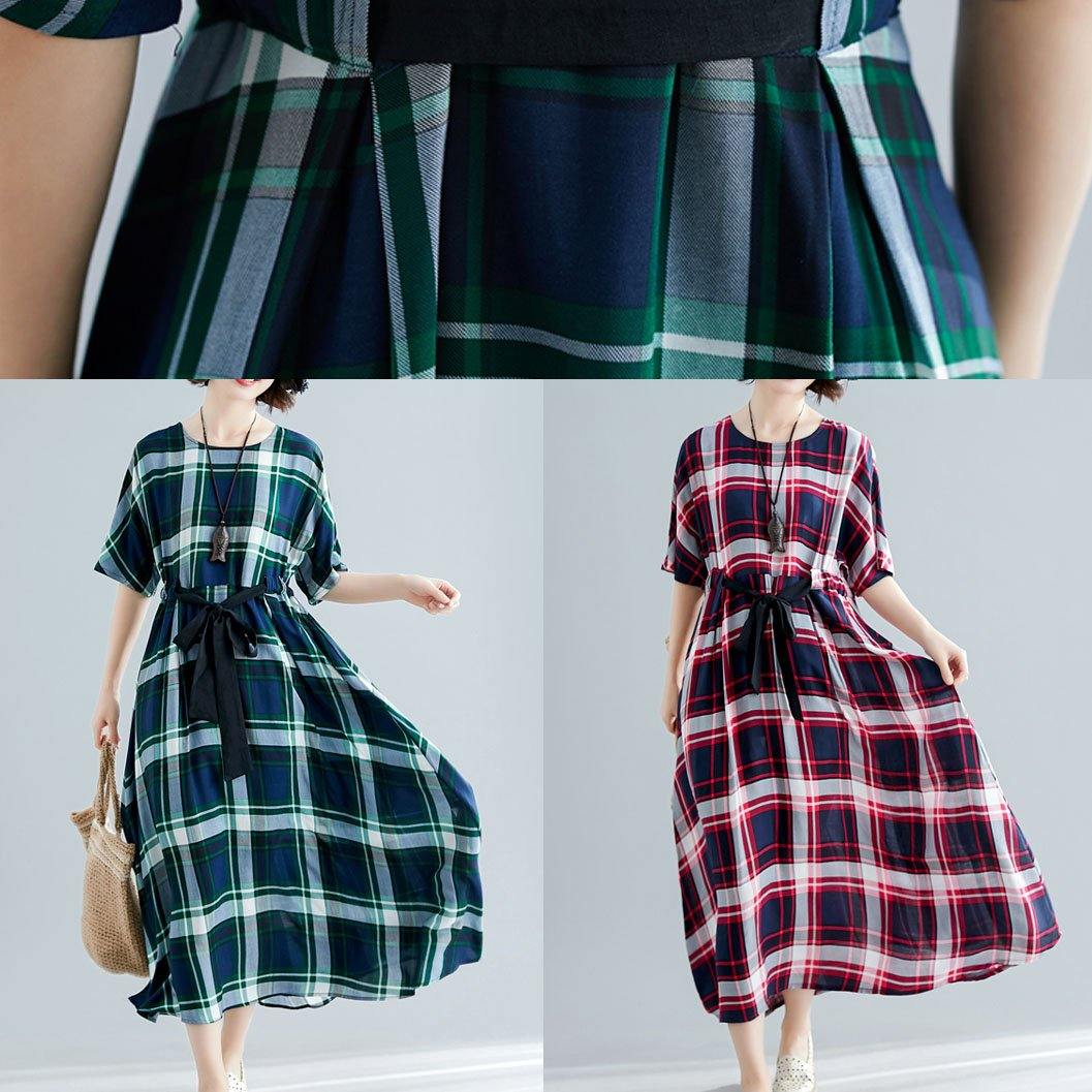 Unique Tie Waist Cotton Clothes for Shape Red Plaid Cotton Dresses Summer
