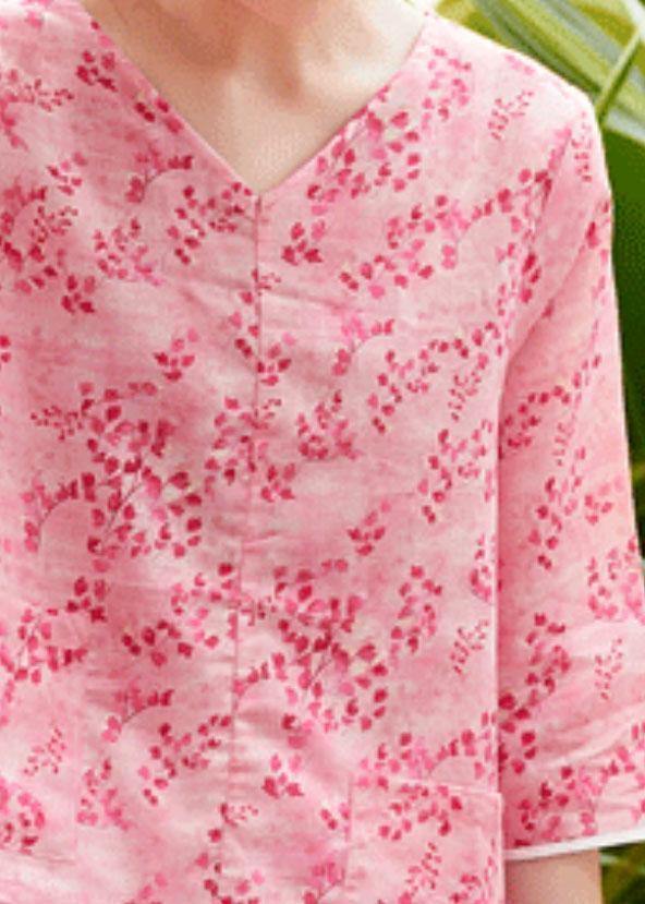 Unique V Neck Asymmetric Linen Tops Shirts Pink Print Blouses Summer