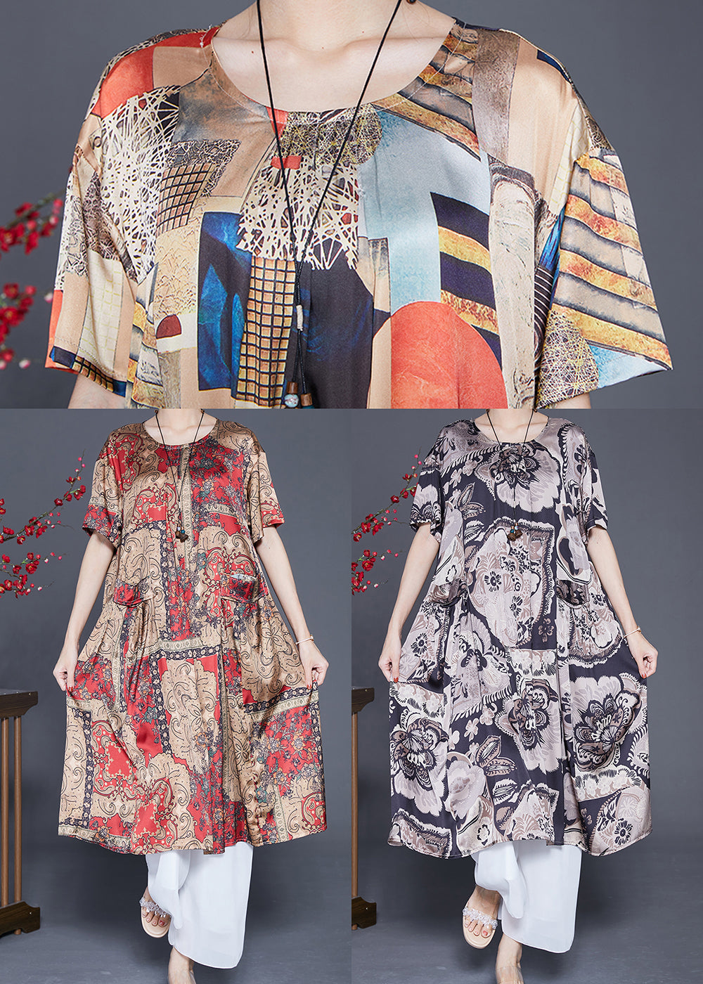 Beige Print Pockets Silk Holiday Dress Summer