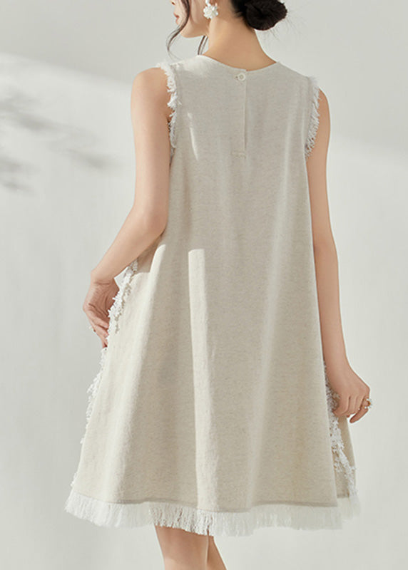 Beige V Neck Tassel Vacation Mid Dresses Sleeveless
