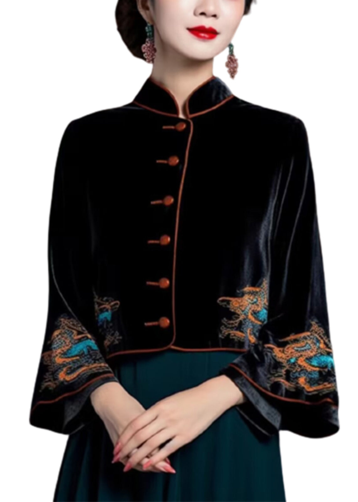 Black Embroidered Button Silk Velour Coats Flare Sleeve