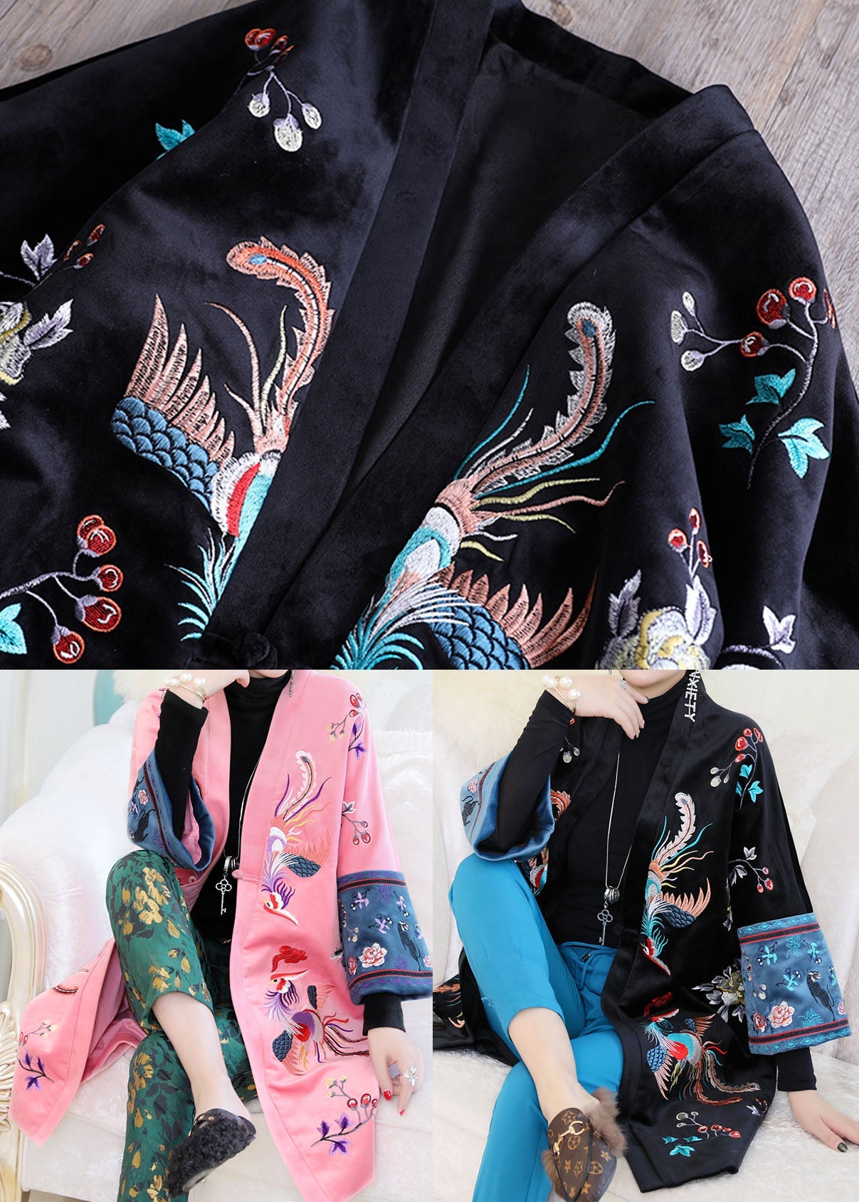 Black Embroideried Patchwork Velour Parka Winter