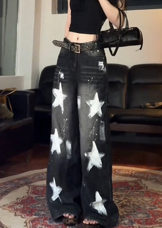 Black Five Pointed Star High Waist Denim Wide Leg Pants Spring