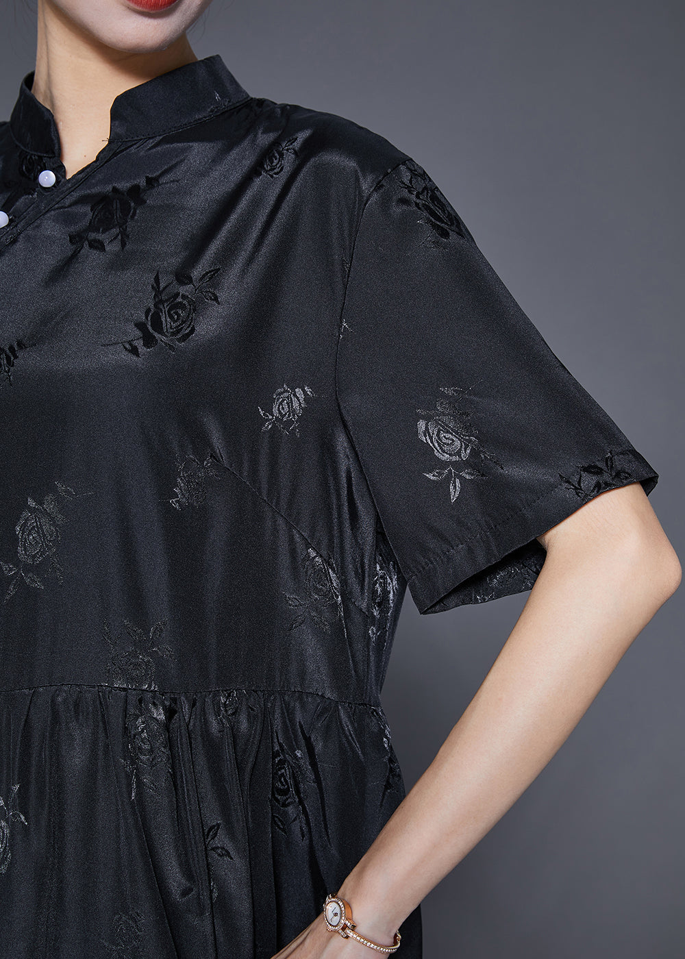 Black Mandarin Collar Jacquard Exra Large Hem Silk Dresses Summer