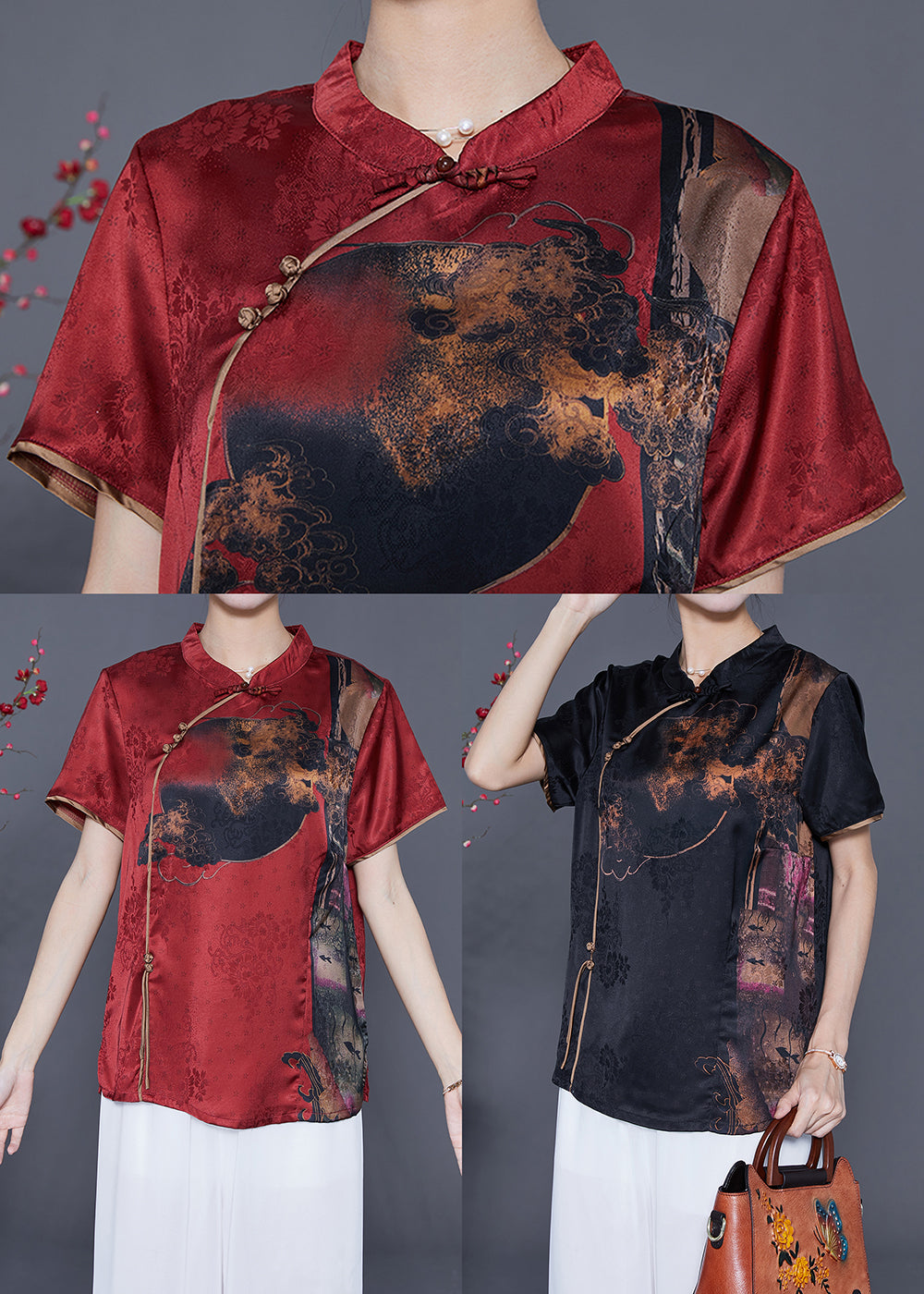 Black Mandarin Collar Print Silk Top Summer
