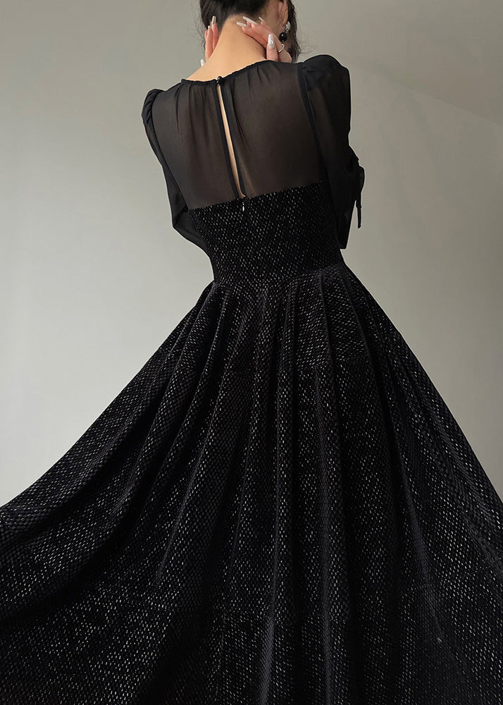Black O-neck Tulle Drawstring Patchwork Velour Long Dresses Long Sleeve