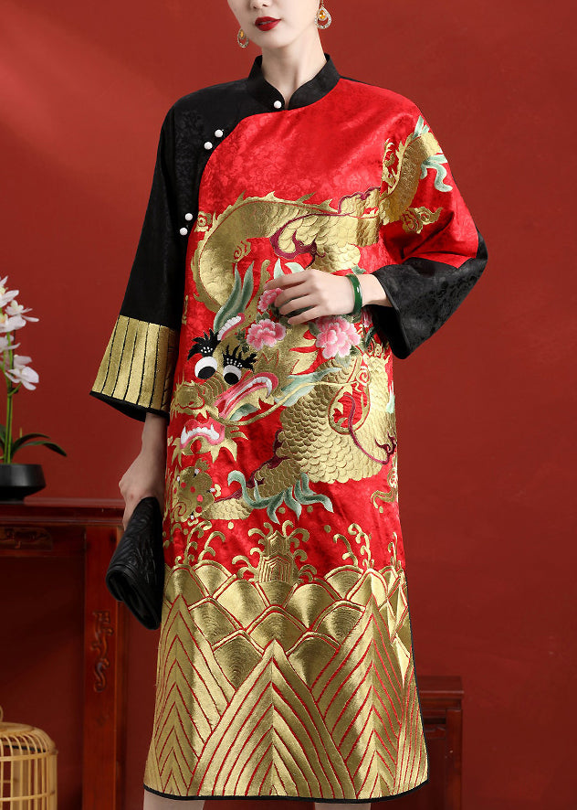 Black Patchwork Red Stand Collar Embroideried Side Open Button Silk Maxi Dresses Long Sleeve