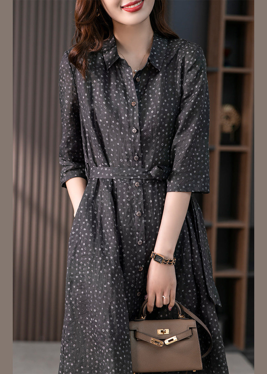 Black Peter Pan Collar Print Button Tie Waist Linen Long Shirts Dress Long Sleeve