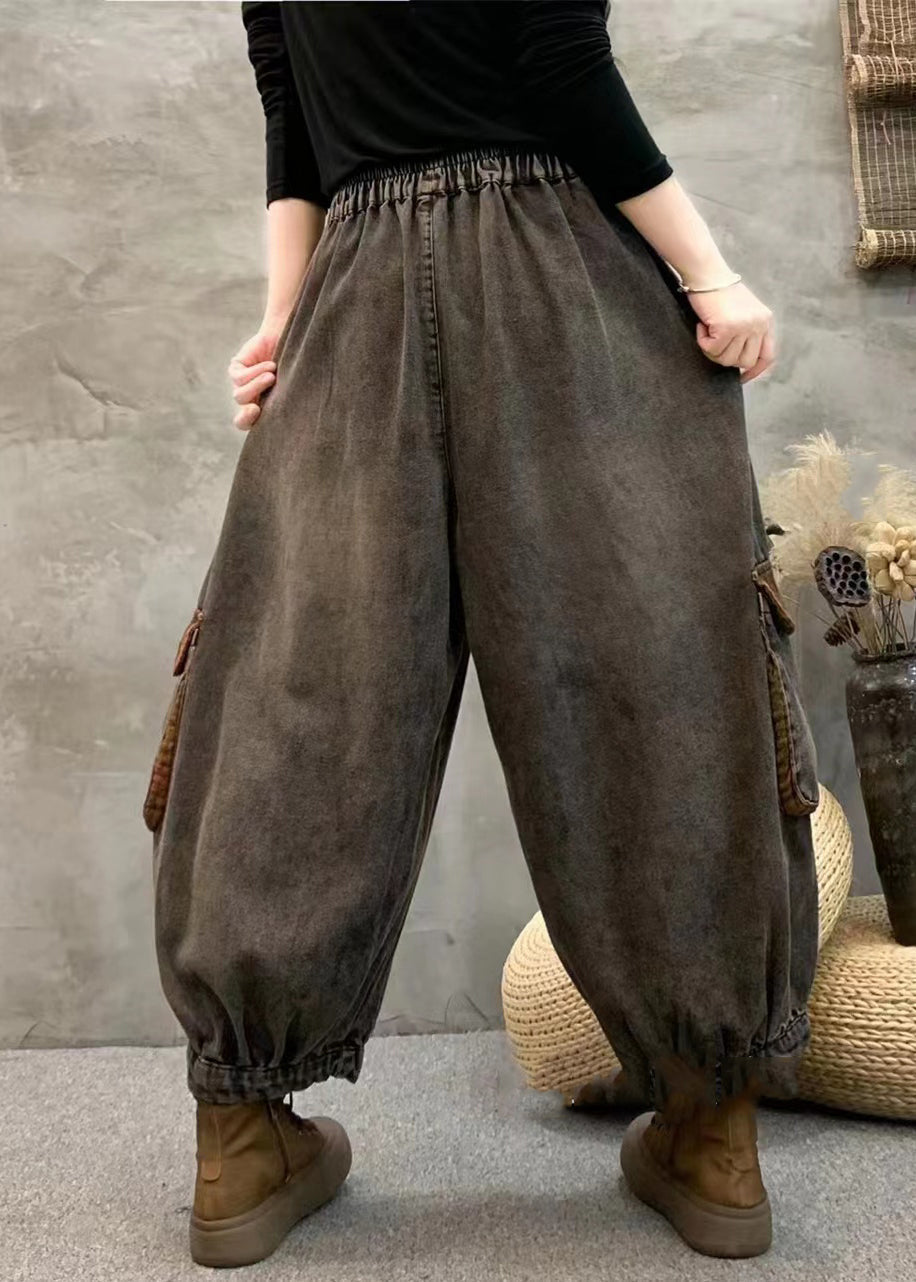 Black Pockets Elastic Waist Patchwork Denim Harem Pants Fall