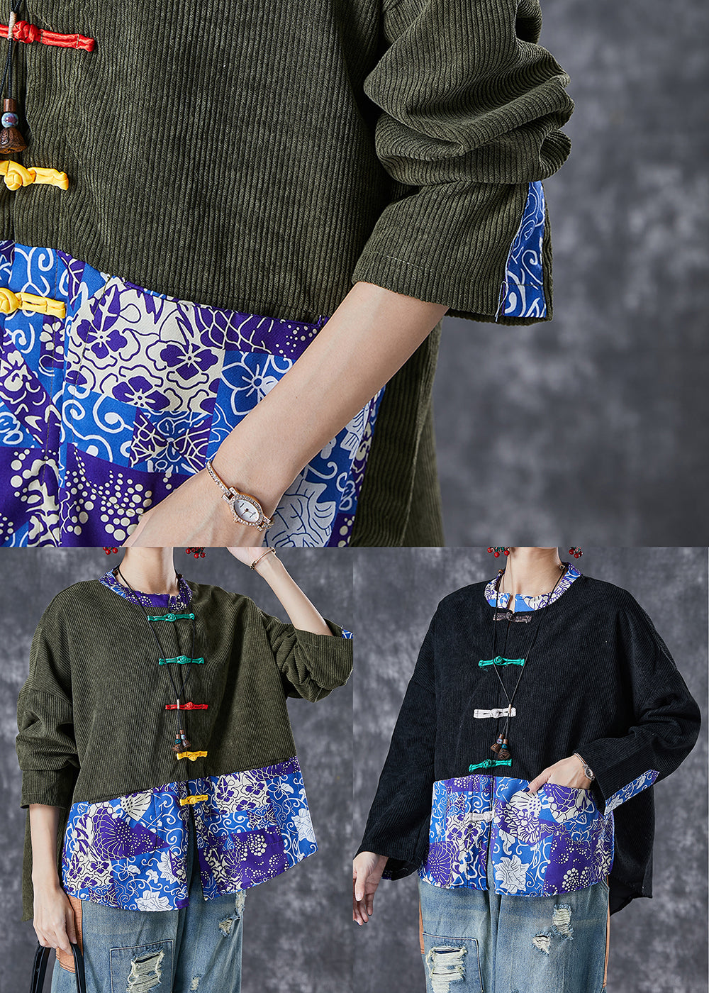 Black Print Patchwork Print Corduroy Coats Fall
