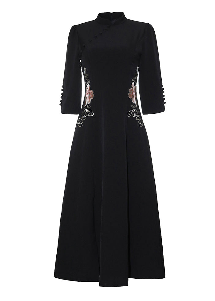 Black Stand Collar Embroideried Button Party Tulle Maxi Dress Long Sleeve