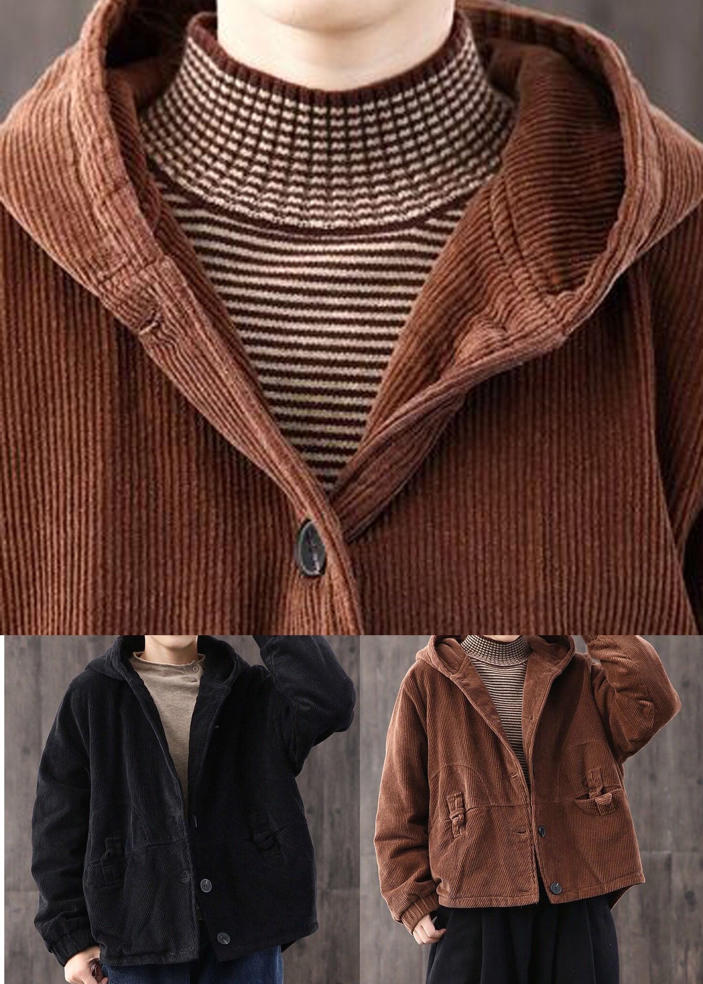 Black Warm Fine Cotton Filled Corduroy Hooded Coat Winter