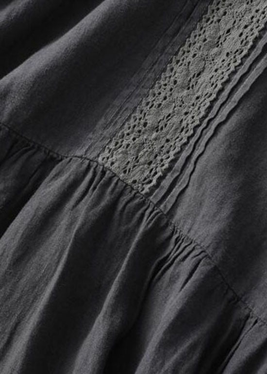 Black Wrinkled Embroideried Patchwork Linen Dress Summer