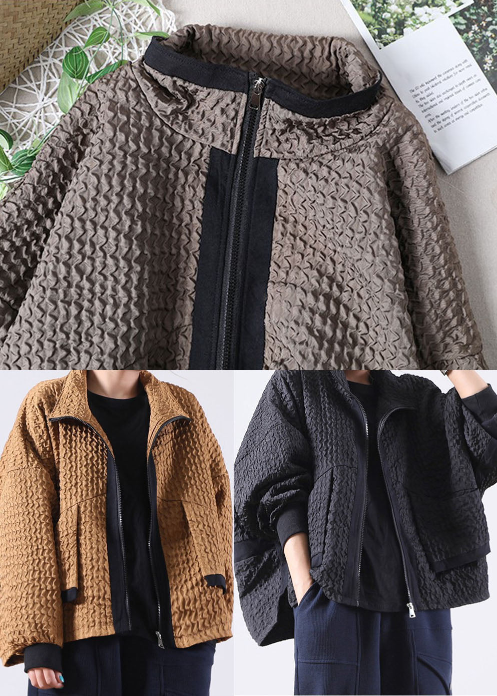 Black Zip Up Pockets Corduroy Jackets Spring