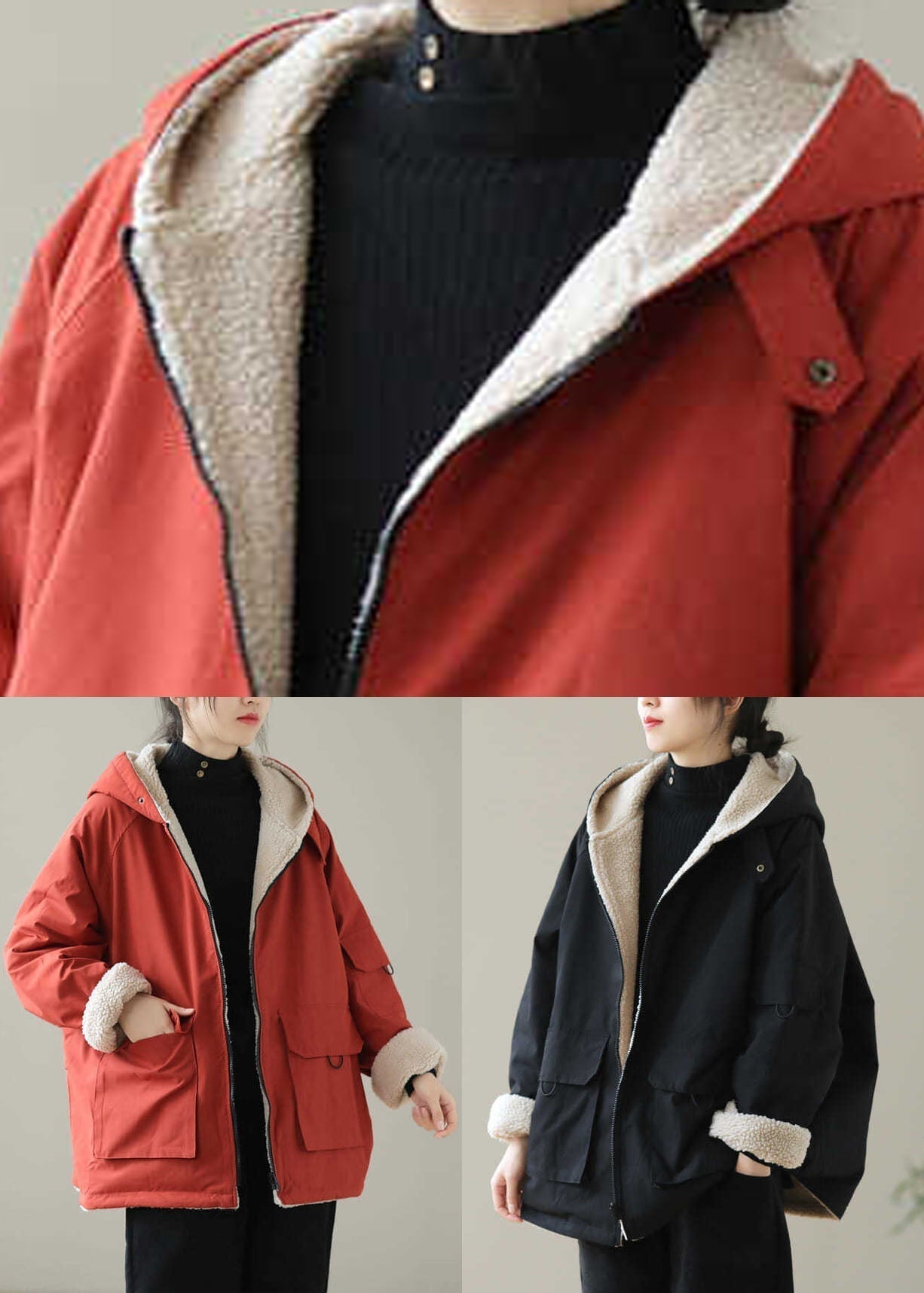 Black Zippered Fleece Wool Lined Hoodies Parka Winter