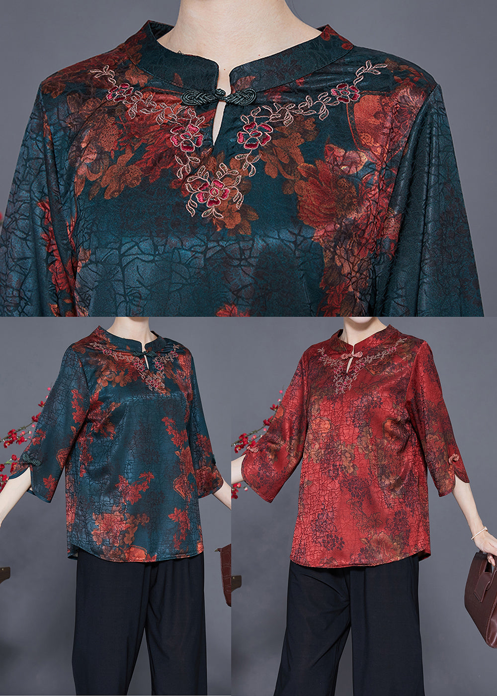 Blackish Green Print Craquelure Silk Shirt Tops Bracelet Sleeve