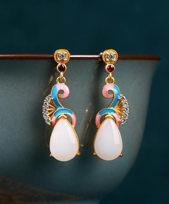 Blue Ancient Gold Jade Zircon Auspicious Clouds Drop Earrings Kx1066