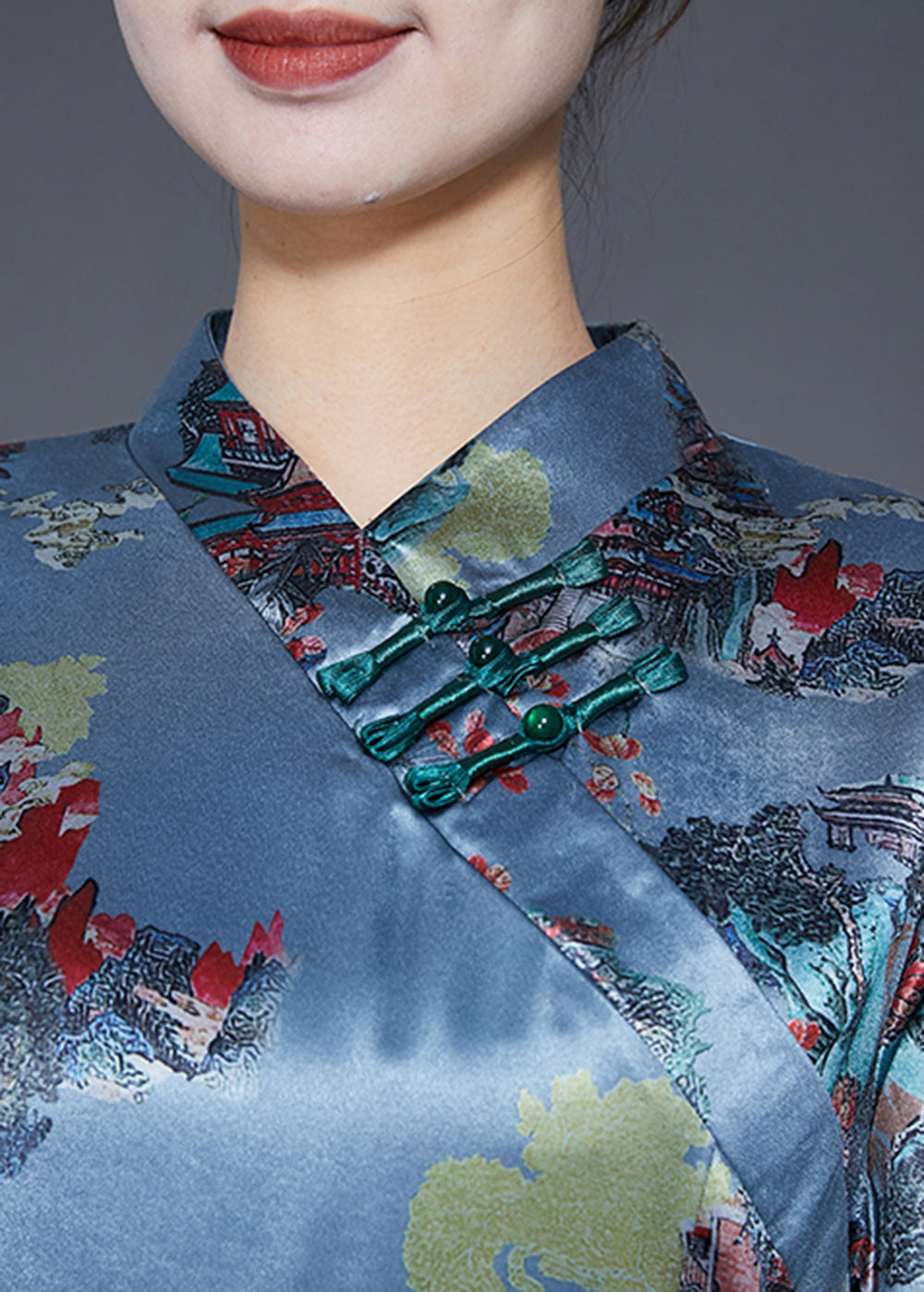 Blue Chinese Button Patchwork Silk Fake Two Piece Dresses Summer