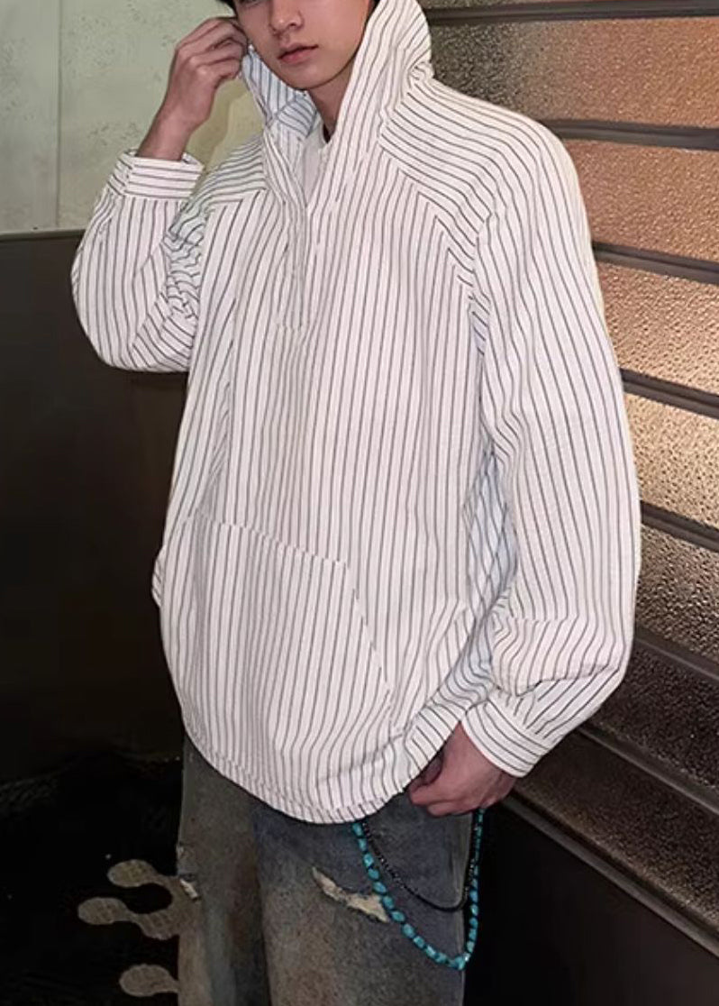 Vintage Blue Hooded Striped Button Cotton Men's Shirts Spring