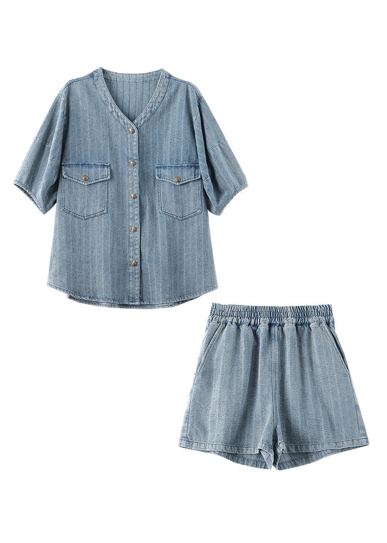 Blue O-neck Patchwork Denim Shirt and Shorts Two Pieces Set Summer