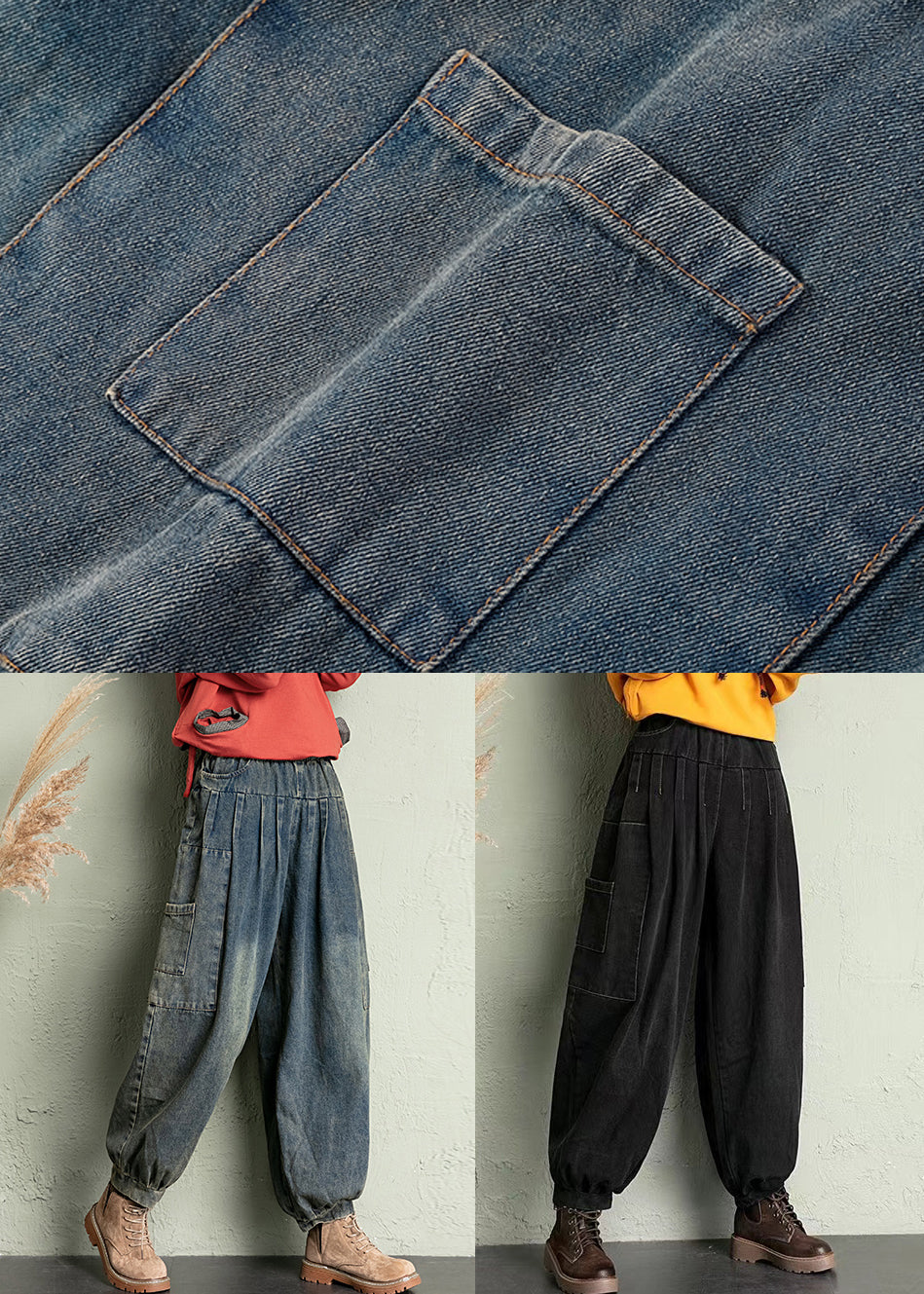 Blue Pockets Elastic Waist Denim Crop Pants Spring