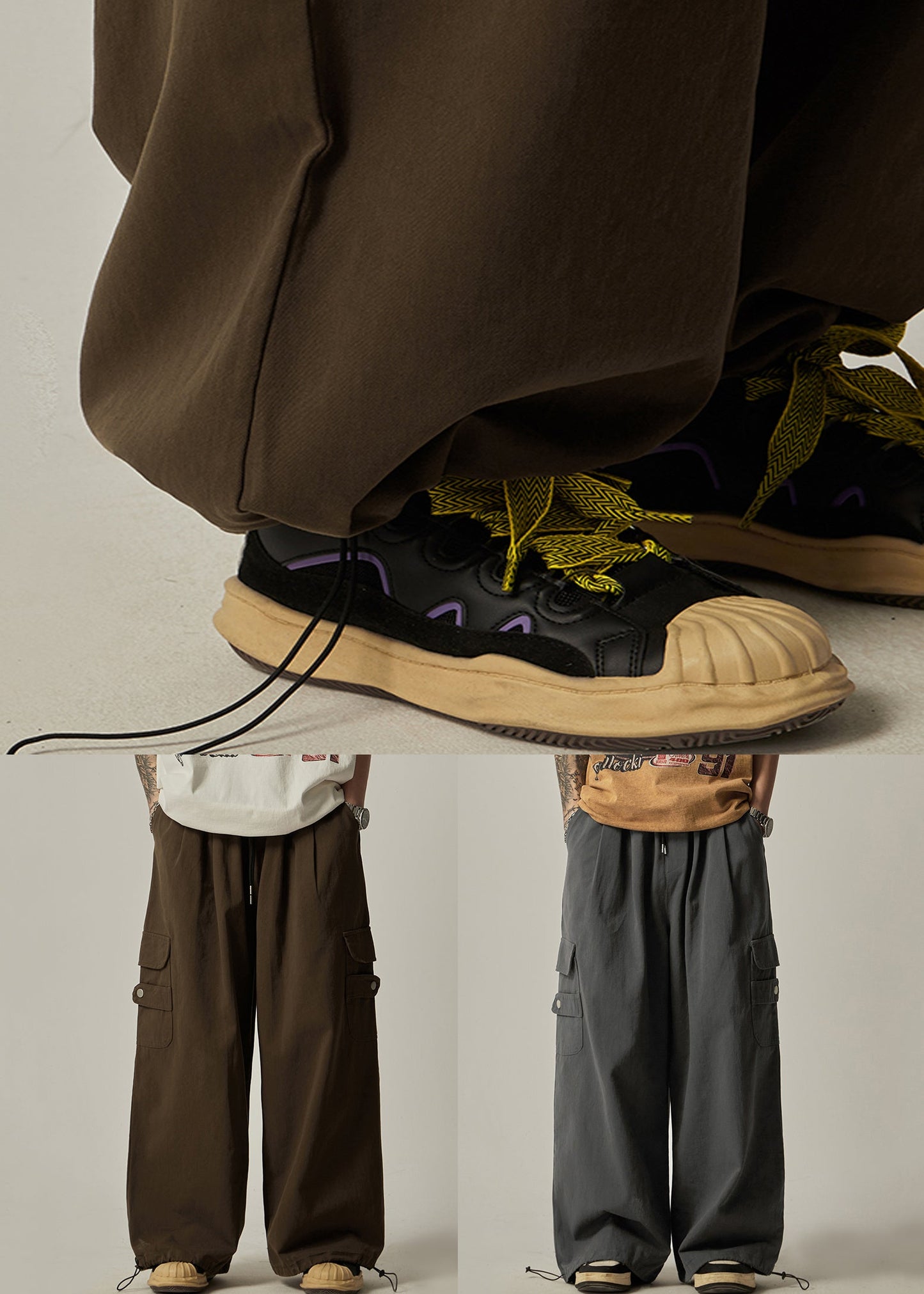 Brown Drawstring Pockets Cotton Wide Leg Pants Spring