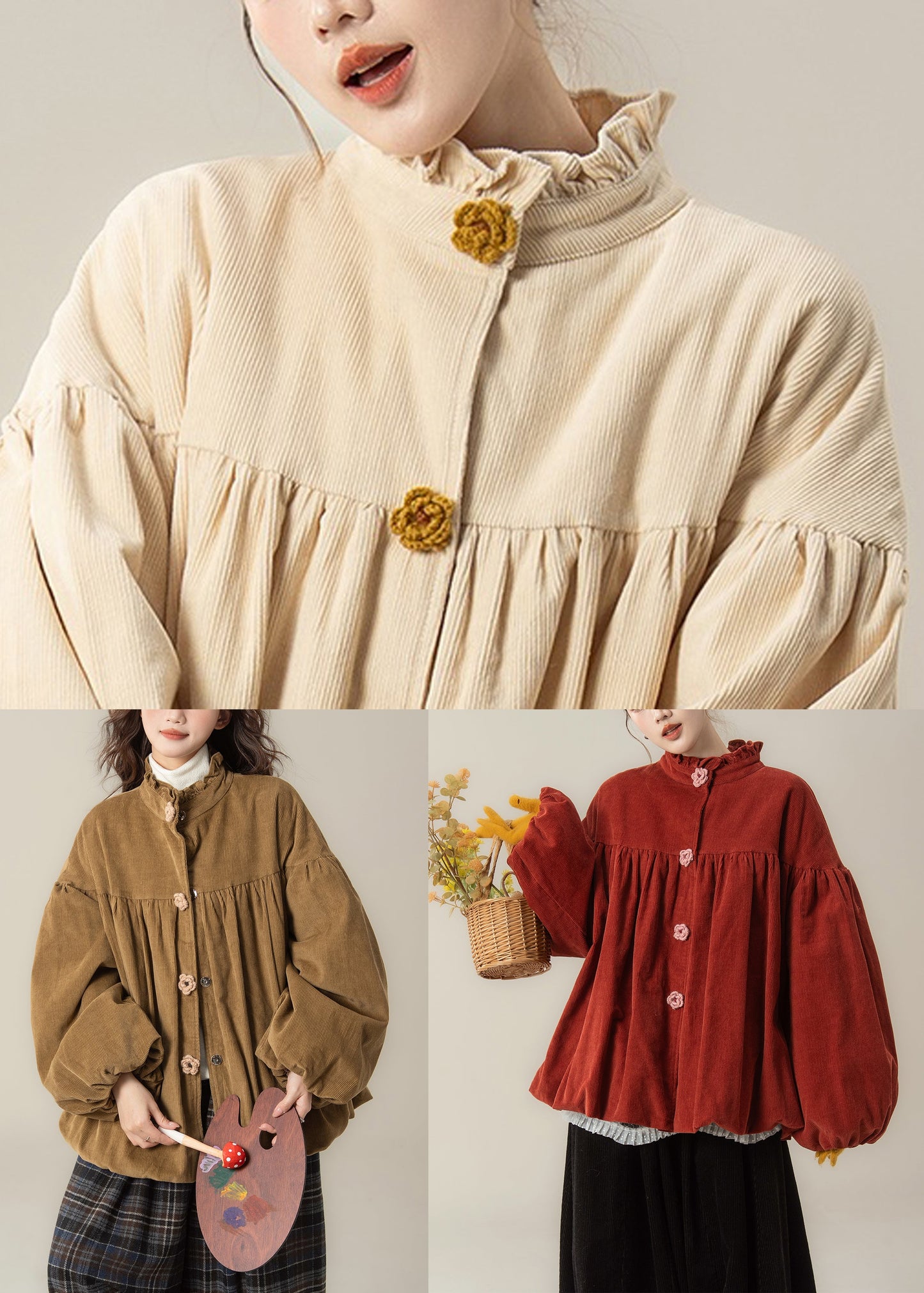 Brown Stand Collar Button Corduroy Cotton Filled Parkas