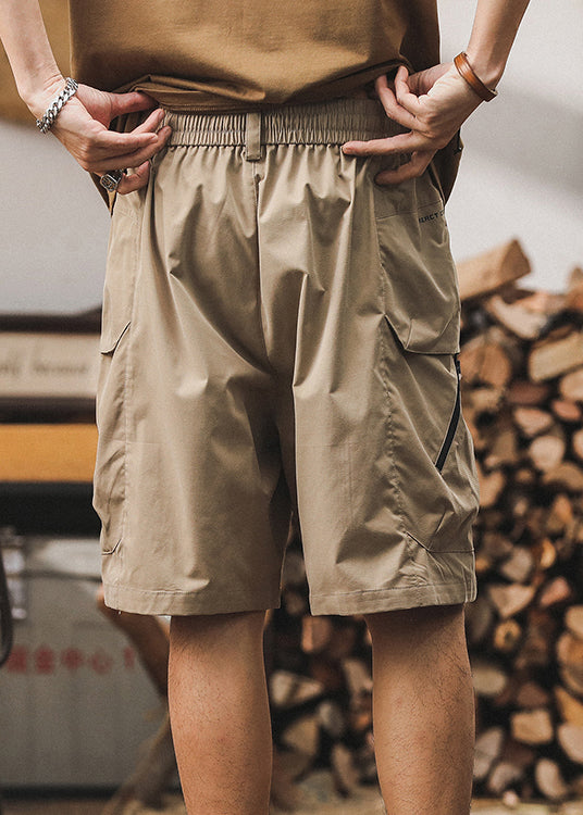 Coffee Pockets Zippered Elastic Waist Cotton Shorts Summer