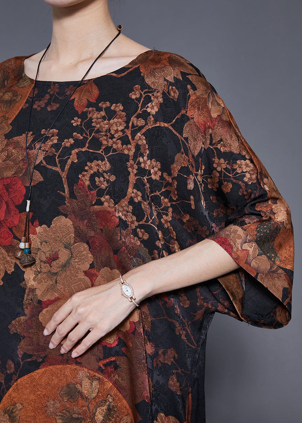Coffee Print Patchwork Chinese Button Silk Vacation Dresses Summer