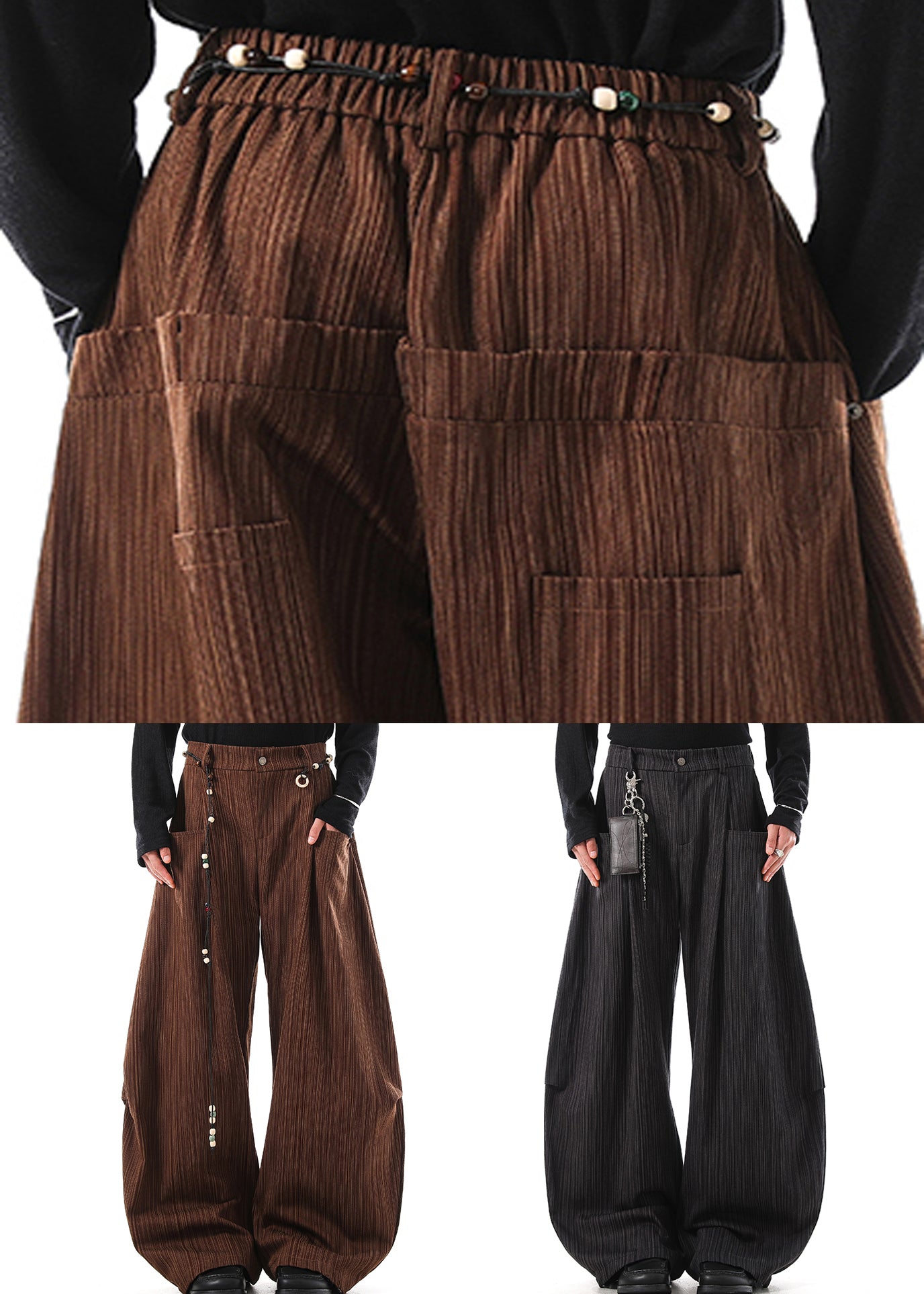 Coffee Striped Pockets High Waist Cotton Pants Fall