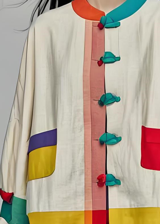 Colorblock Stand Collar Button Patchwork Cotton Coats Long Sleeve