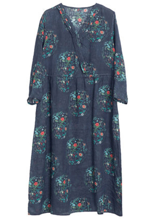 Dark Blue Print Linen Holiday Long Dress Spring