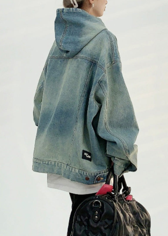 Denim Blue Patchwork Embroidered Hooded Coat Spring